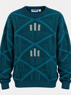 VTG 80s 90s Sweater Graphix XL Teal Geometric Chunky Knit Grandpa Sweater Cosby